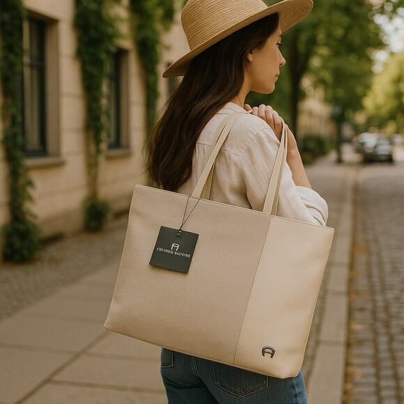 Etienne Aigner Handbags - Etienne Aigner Canvas & Leather Tote Bag – Elegant Neutral Tones